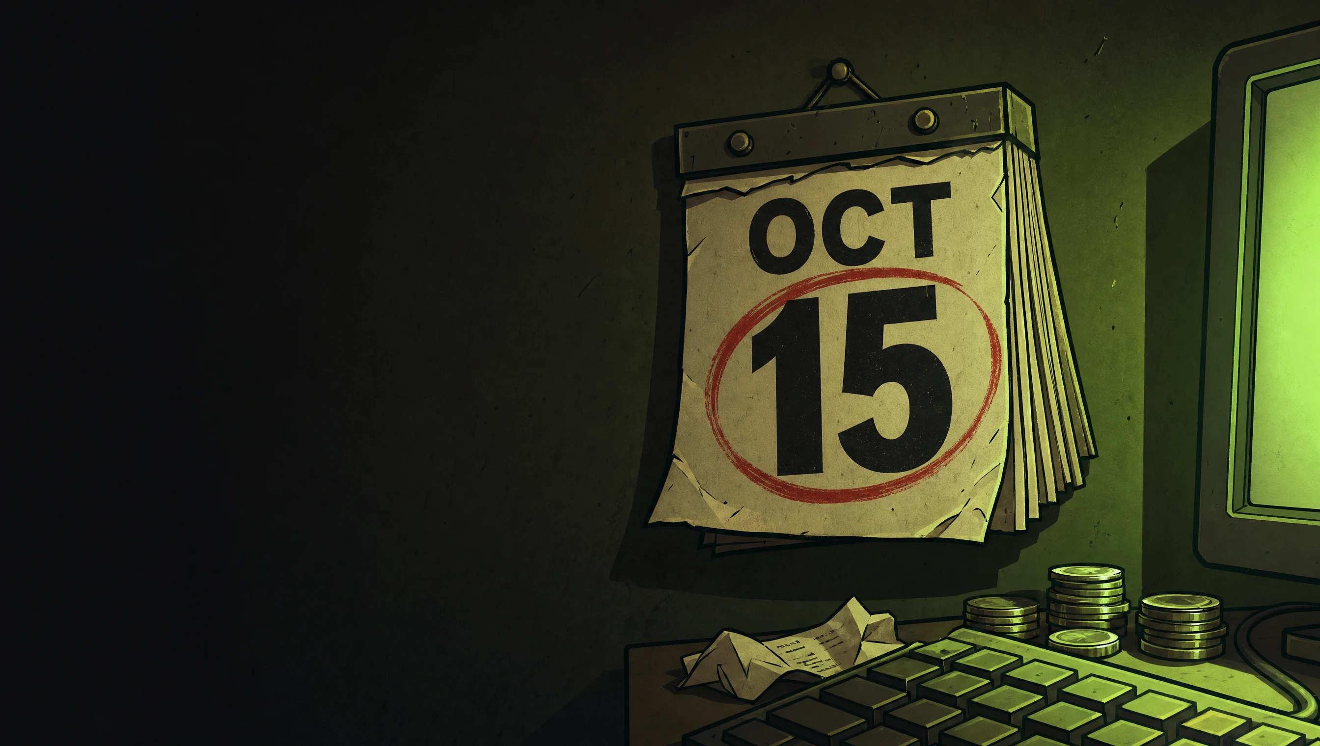 Worn October 15 calendar beside the glowing trading monitors
