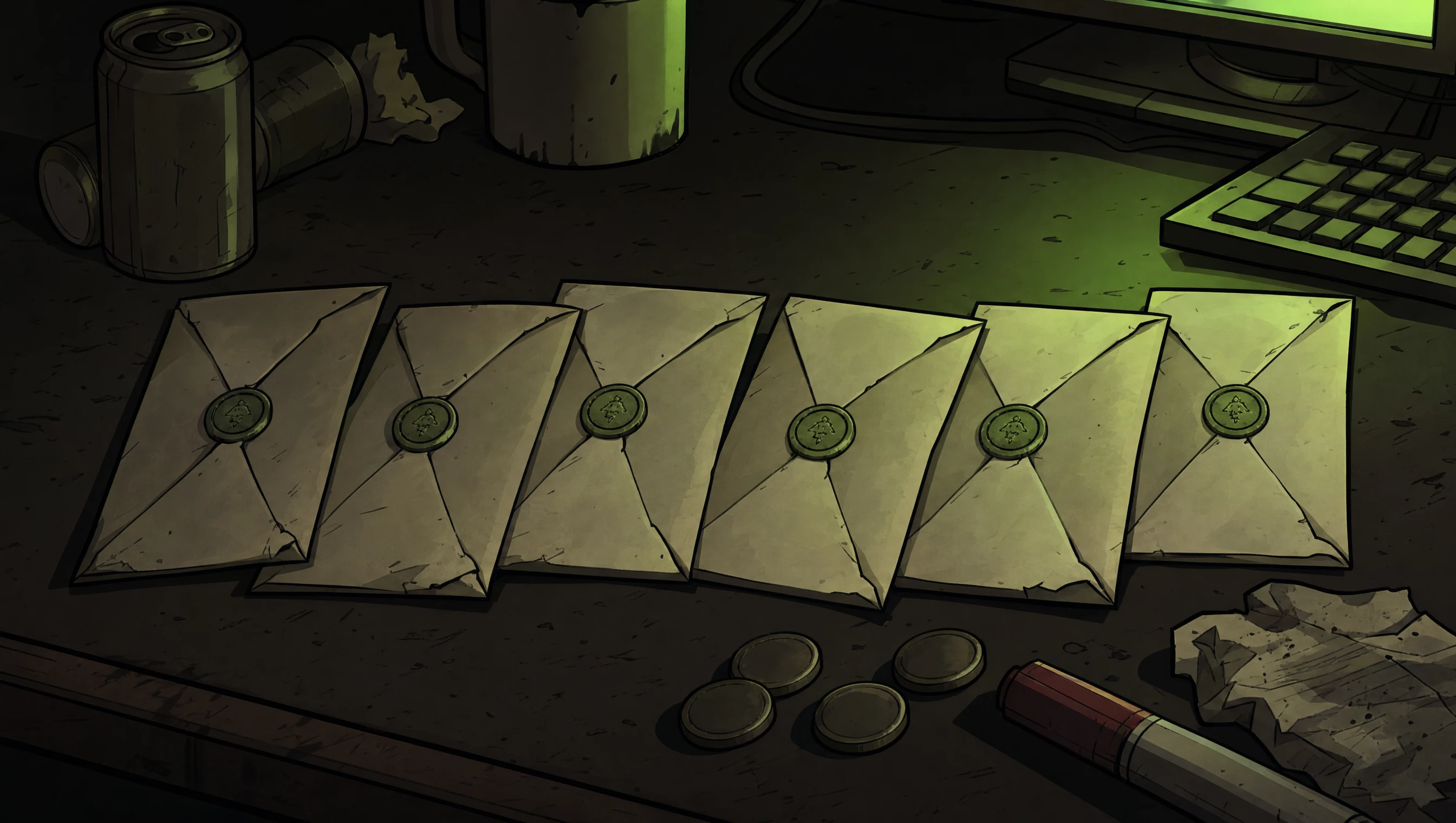 Six sealed monthly envelopes on the same trading desk
