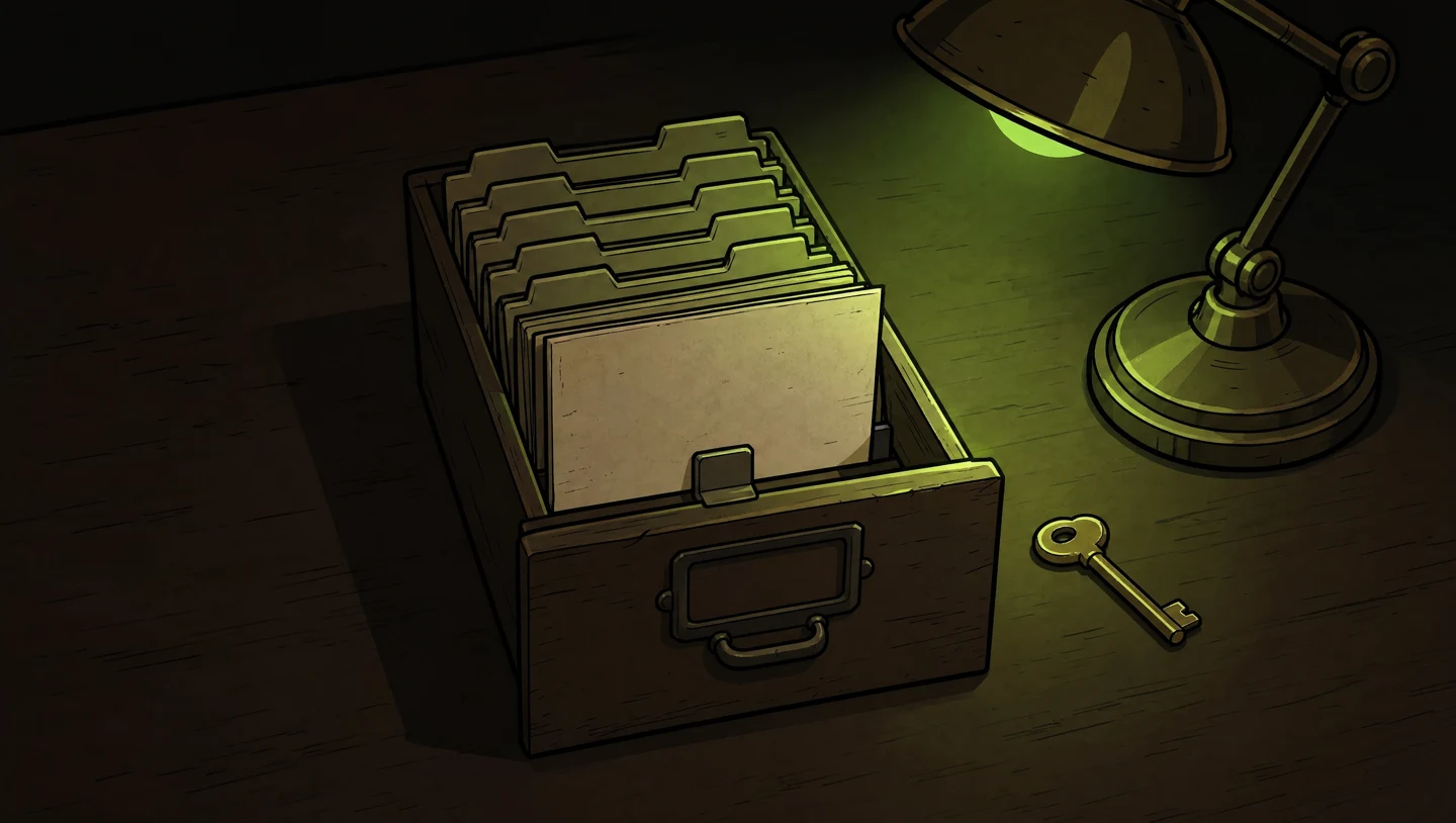 An unfilled records drawer under the back-room lamp