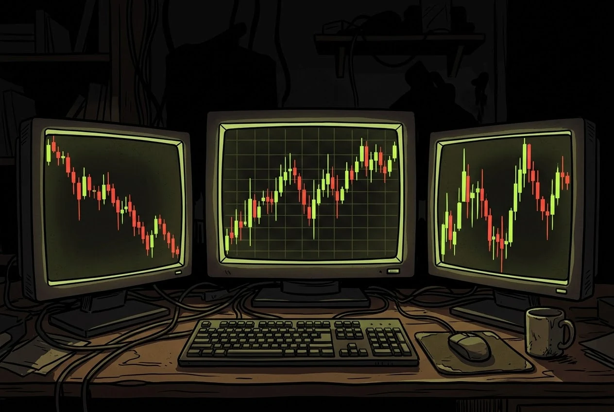 The cluttered three-monitor trading desk